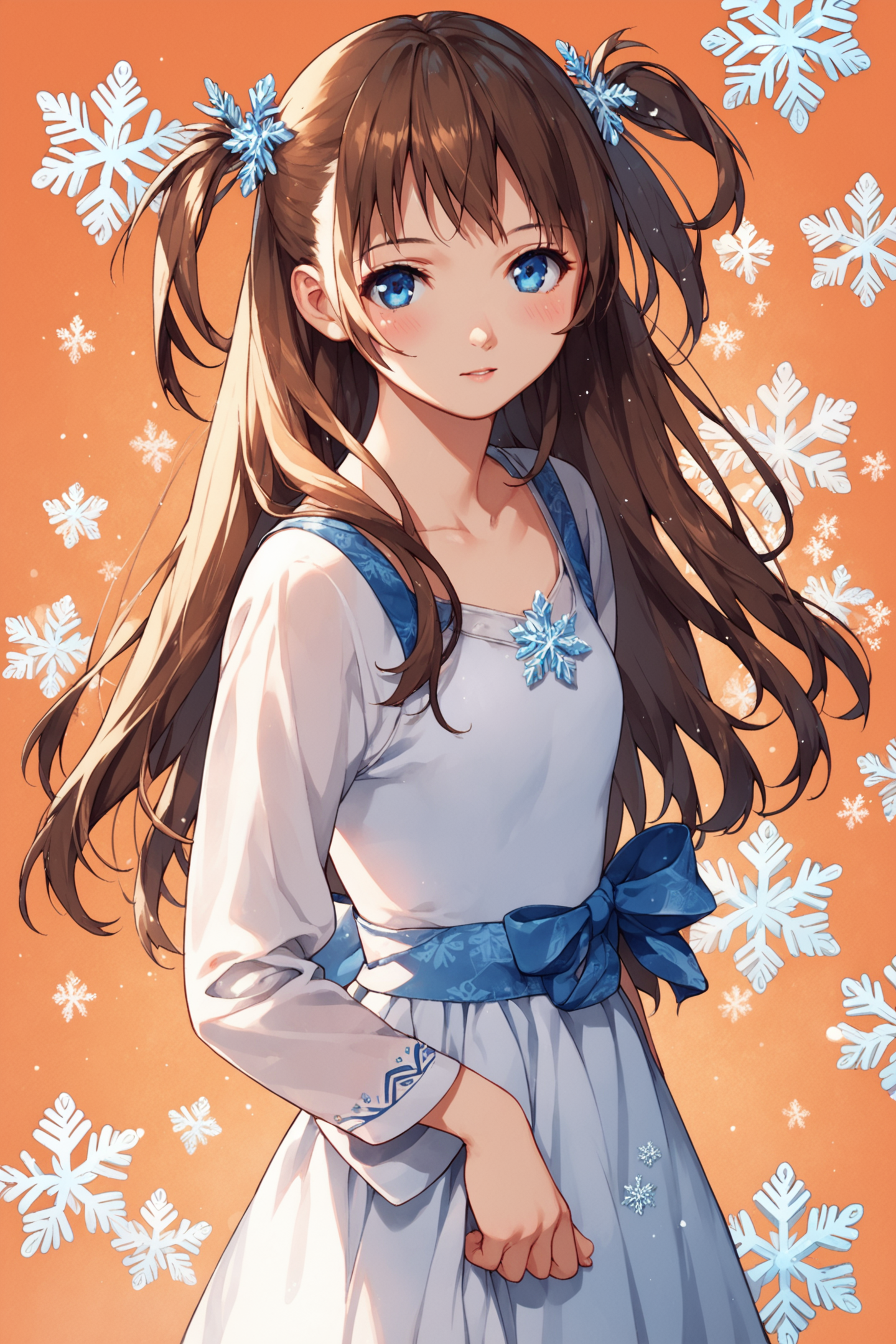1girl,solo,long hair,blue eyes,brown hair,snowflake background,dress,hair ornament,orange background,snowflakes,blush,two side up,standing,looking at viewer,score_9,score_8_up,<lora:Yasuomi Umetsu_XL_PONY:0.8>,