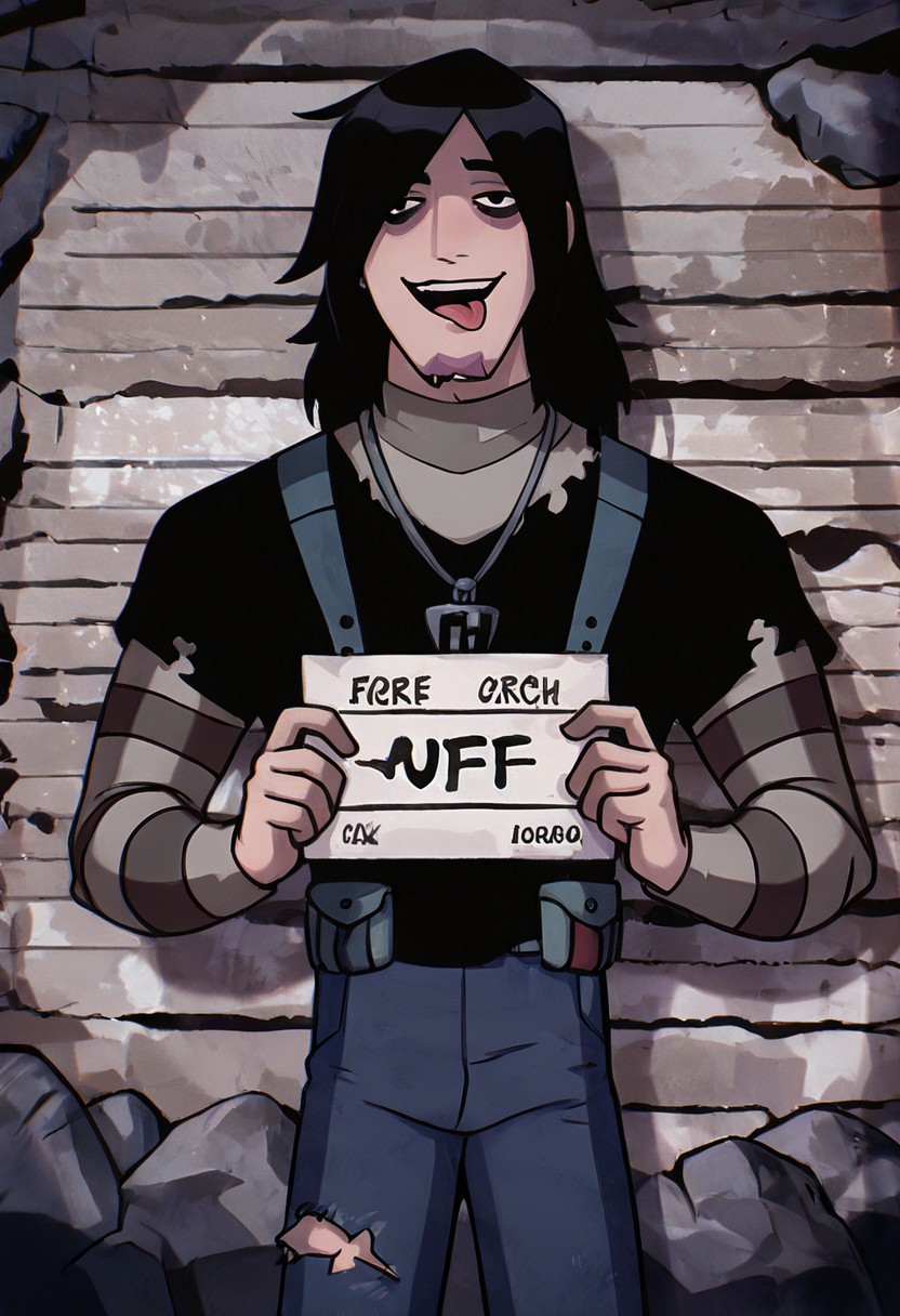 masterpiece, best quality, amazing quality, very aesthetic, absurdres, newest,
kevinov, black hair, bags under eyes, long hair, black eyes, necklace, goatee, layered sleeves, black shirt, long sleeves, short over long sleeves, torn clothes, striped sleeves, jeans, overall belt, 
smile, teeth, rock sign, stripped background, mugshot, holding sign, tongue out, open mouth,