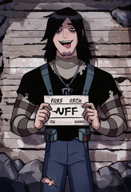 masterpiece, best quality, amazing quality, very aesthetic, absurdres, newest,
kevinov, black hair, bags under eyes, long hair, black eyes, necklace, goatee, layered sleeves, black shirt, long sleeves, short over long sleeves, torn clothes, striped sleeves, jeans, overall belt, 
smile, teeth, rock sign, stripped background, mugshot, holding sign, tongue out, open mouth,