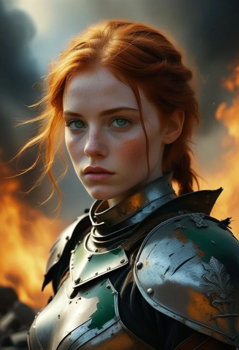 Realistic and highly detailed painting of a sexy green eyes ginger goth girl sits in a moment of rest, clad in worn and dented armor. Her has short and fiery hair flowing in the wind. She holds her helm in her hands, her expression focused and grim. The background is shrouded in smoke and debris. Light filters through the haze, casting a somber glow over her armor, which shows the marks of many fights. The scene conveys resilience, strength, and quiet determination. <lora:sxz-Dark-Fantasy-v2-Flux:1> <lora:FluxMythP0rtr4itStyle:1> <lora:ancient_shadows_of_the_lens-FluxDev:1>
(8k uhd:1,4)
<lora:add-detail-xl:1>
<lora:Dynamic Poses:1>