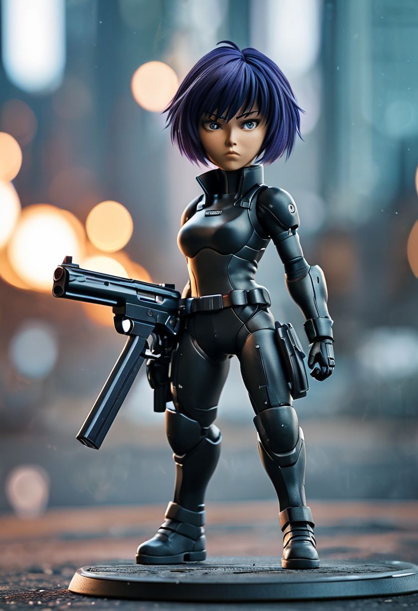 cinematic photo Motoko Kusanagi with gun, "GitS" written, 35mm photograph, film, bokeh,  professional, 4k, highly detailed