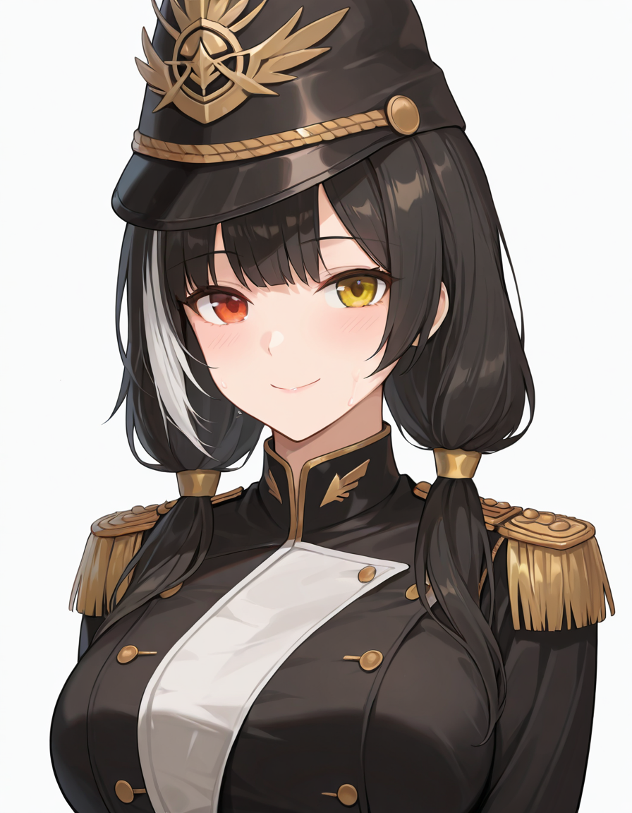 Volumetric Lighting, (masterpiece), (best quality), (ultra-detailed), masterpiece, source_anime, score_9, score_8_up, score_7_up BREAK, illustration, disheveled hair, detailed eyes, perfect composition, moist skin, intricate details, detailed eyes, detailed face, detailed fingers BREAK, heterochromia, red eye, yellow eye, black hair, low twintails, streaked hair, white hair,large breast BREAK, MoltenMoonInTheWater, MMW_shako_cap, MMW_epaulettes, BREAK, ((white background)),looking at viewer, smile, upper body, s