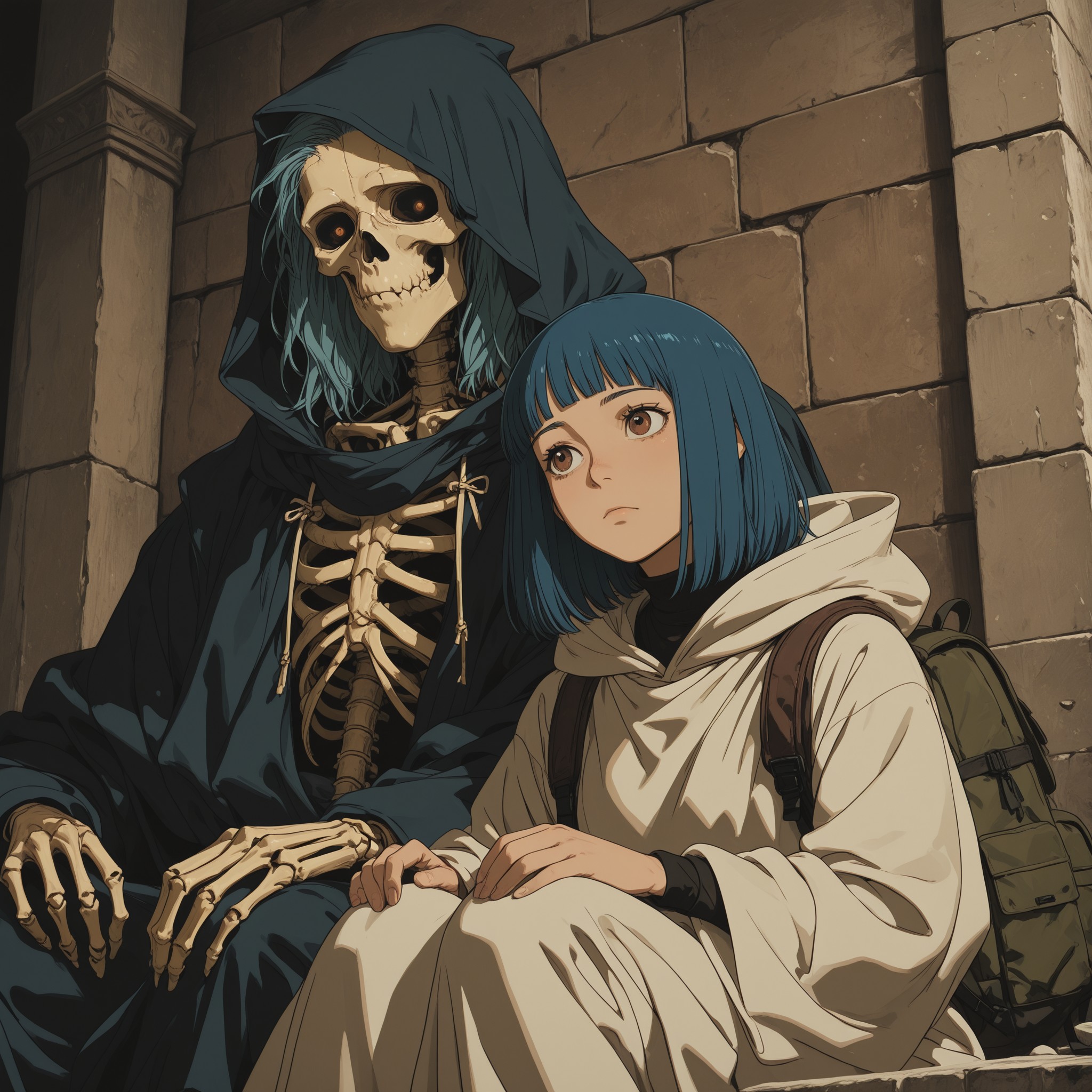 mcht2, 1girl, blue hair, sitting, hood, 1boy, brown eyes, hands on own knees, skeleton in robes, armor, robe, medium hair, closed mouth, long sleeves, blunt bangs, bangs, backpack, masterfully drawn, expressive, amazing quality, best resolution, very aesthetic, 4k, latest, , <lora:5446466b-cec5-48ee-8b09-f2b6d0993aab:0.9>