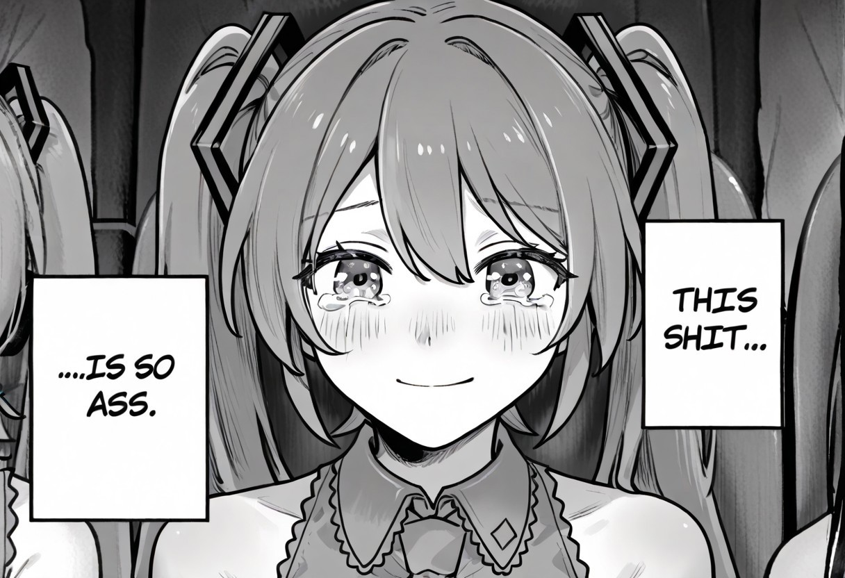 1girl, hatsune miku, 1girl, multiple girls, solo focus, closed mouth, smile, looking at viewer, sitting, upper body, straight-on, chair, tears, crying, crying with eyes open, tearing up, blush, monochrome, greyscale, comic, meme, english text, speech bubble