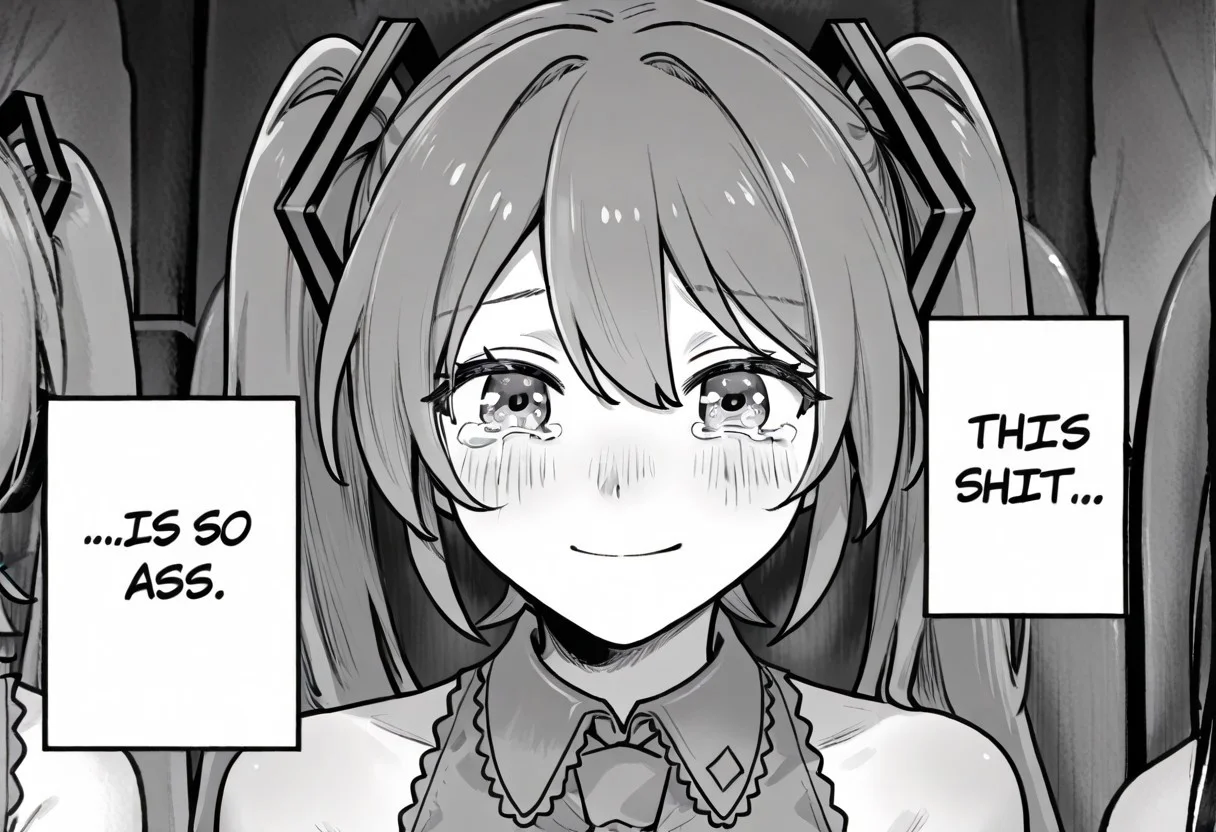 1girl, hatsune miku, 1girl, multiple girls, solo focus, closed mouth, smile, looking at viewer, sitting, upper body, straight-on, chair, tears, crying, crying with eyes open, tearing up, blush, monochrome, greyscale, comic, meme, english text, speech bubble