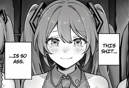 1girl, hatsune miku, 1girl, multiple girls, solo focus, closed mouth, smile, looking at viewer, sitting, upper body, straight-on, chair, tears, crying, crying with eyes open, tearing up, blush, monochrome, greyscale, comic, meme, english text, speech bubble