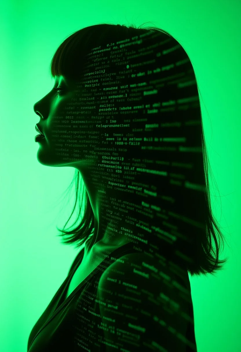 double exposure photo, silhouette of a gorgeous, stunning, korean goth woman, bangs, straight-cut bob, in side profile, long hair, her whole silhouette filled with bright green ASCII computer text