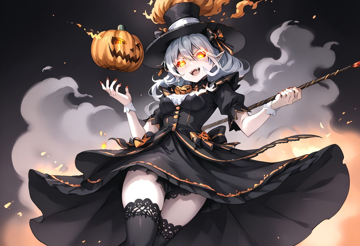 (masterpiece), (score_9, score_8_up, score_7_up,source_anime), 4K8K, 
(from below), misty, steam, fog, Floating Halloween pumpkins, 
halloween, halloween fantasy, 
pumpkin head woman, Sitting on a throne, (solo), (Glossy skin, pale skin:1.3),  (crossed arm, hold stick), burning pumpkin, (dark aura:1.4), (smirk, half-opened mouth, Canine, tooth, fang1.2), 
(medium figure:0.9), (pointy breasts:1.1), 
(glowing eyes), 
(wearing vampire cos, dress, makeup, red and black dress, Miniature Hats, zettai ryouiki, thighhighs:1.2), 
(emperor's audience room, dark room:1.3), elf ears,