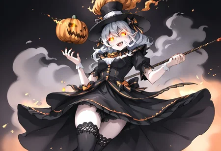 (masterpiece), (score_9, score_8_up, score_7_up,source_anime), 4K8K,
(from below), misty, steam, fog, Floating Halloween pumpkins,
halloween, halloween fantasy,
pumpkin head woman, Sitting on a throne, (solo), (Glossy skin, pale skin:1.3), (crossed arm, hold stick), burning pumpkin, (dark aura:1.4), (smirk, half-opened mouth, Canine, tooth, fang1.2),
(medium figure:0.9), (pointy breasts:1.1),
(glowing eyes),
(wearing vampire cos, dress, makeup, red and black dress, Miniature Hats, zettai ryouiki, thighhighs:1.2),
(emperor's audience room, dark room:1.3), elf ears,