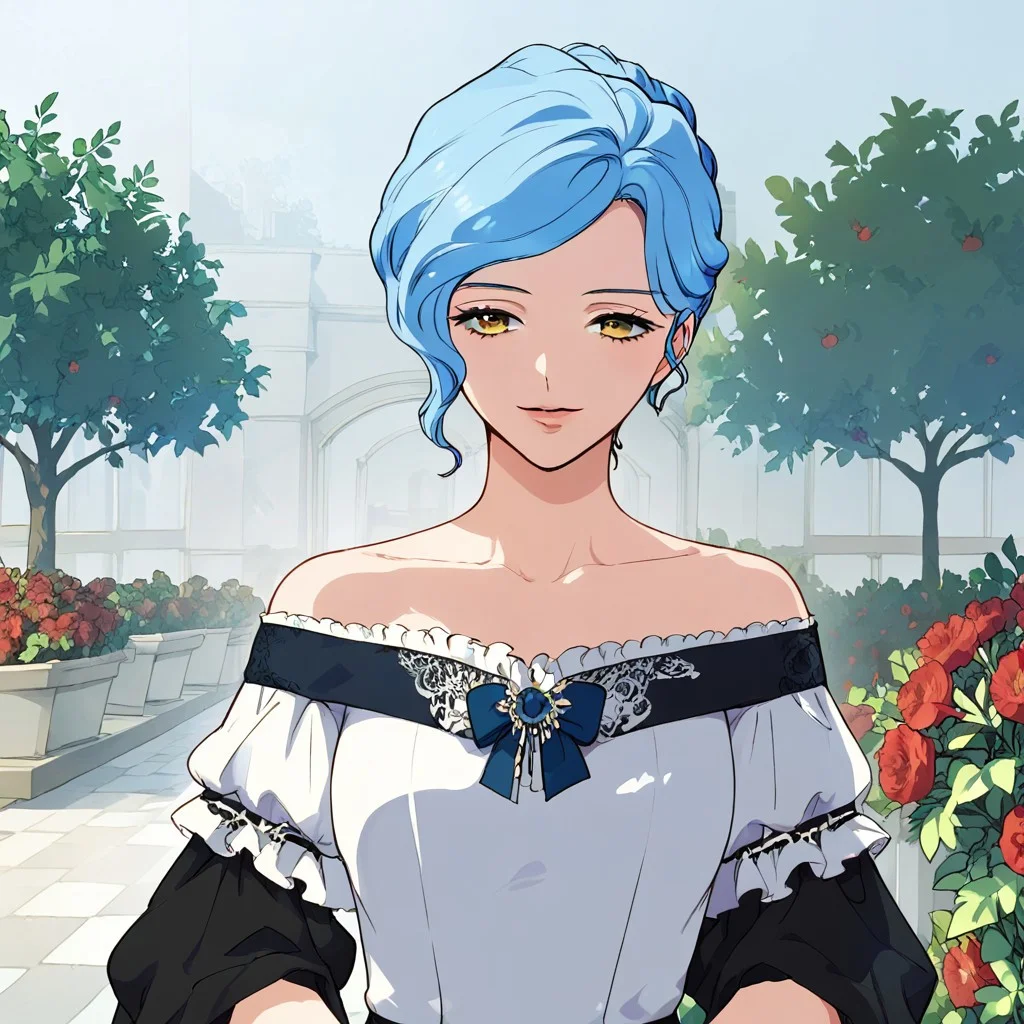 score_9, score_8_up, score_7_up, 1girl, solo, off shoulder dress, blue hair, breast, Empmedea, outside, garden, yellow eyes, bare shoulders, formal,
