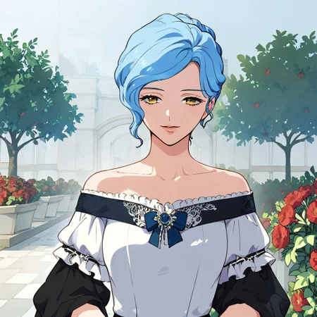 score_9, score_8_up, score_7_up, 1girl, solo, off shoulder dress, blue hair, breast, Empmedea, outside, garden, yellow eyes, bare shoulders, formal,
