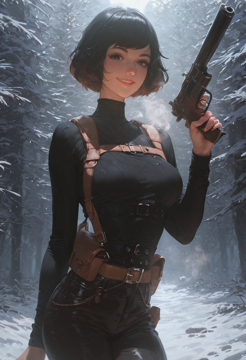 score_9, score_8_up, score_7_up, high detailed, high quality, masterpiece, no text, quality highlights, 8k detail, ultra-detailed, ... 1girl, woman, april o'neil, bob cut black hair, beautiful face, smile, black ribbed sweater, Holster harness, (black pants:1.15), thin waist, (covered nipples:0.5),   (holding a gun:1.2), looking at viewer,  (snowy forest, night time:1.15),   steam, steam from the skin, steam from the mouth,  <lora:Breast_Slider_-_Pony_alpha1.0_rank4_noxattn_last:-2.0000000000000004> <lora:Dramatic_Lighting_Slider:2.0000000000000004> <lora:AIã¤ã©ã¹ããããã_(2):1.0000000000000002> <lora:Expressive_H-000001:1.0000000000000002>