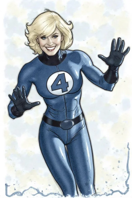 adhughes1 illustration in a comic book style.
A drawing of Sue Storm, a superheroine from the Fantastic Four, in a stylized comic book art style. She has short, curly blonde hair styled in a bob cut. She is dressed in a sleek, form-fitting blue superhero costume of the Fantastic Four, with a prominent white emblem on her chest, featuring a stylized number "4" in a circle. <lora:adhughes1_cap_d8a4e12:1.0><lora:832433910005804829:0>