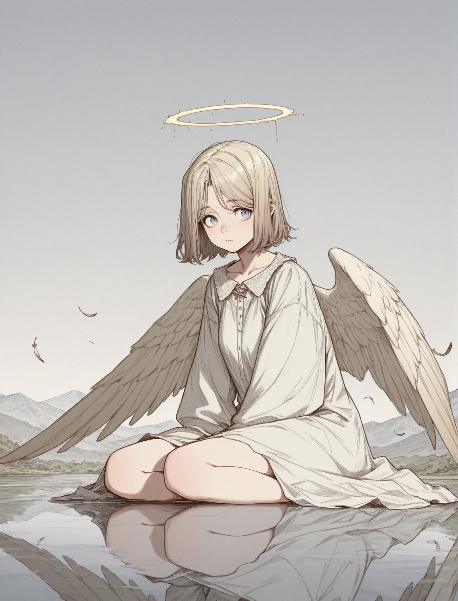 score_9, score_8_up, score_7_up, score_6_up, score_5_up, highly detailed, detailed background, masterpiece, absurdres,<lora:sabu-goblinden-illust:0.85>, <lora:tsukareta_san_style_v2_illustrious:0.46>, <lora:detailed_eye_model:1.2>, xsabux, sketch, tsukar3ta style, detailed_eye_model, solo, 1girl, angel, wings, halo, blue eyes, short hair, gradient gold hair, feathers, water, reflection, grey sky, firefly, sitting, (portrait:1.2)