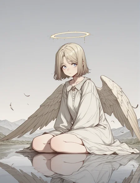 score_9, score_8_up, score_7_up, score_6_up, score_5_up, highly detailed, detailed background, masterpiece, absurdres,<lora:sabu-goblinden-illust:0.85>, <lora:tsukareta_san_style_v2_illustrious:0.46>, <lora:detailed_eye_model:1.2>, xsabux, sketch, tsukar3ta style, detailed_eye_model, solo, 1girl, angel, wings, halo, blue eyes, short hair, gradient gold hair, feathers, water, reflection, grey sky, firefly, sitting, (portrait:1.2)