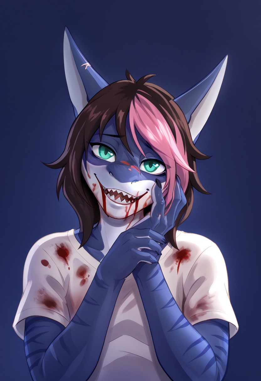 <lora:Scappo_Style_v2_PonyXL:0.8> by scappo, scappo,  score_9, score_8_up, score_7_up, solo, moonlitepxl, femboy,solo, anthro shark,medium hair, multicolored hair, dark hair, pink hair,bow, stripes on body, turquoise eyes, BREAK, pink t-shirt, <lora:yandere_trance_v1_pruned:1>, yandere trance, closed mouth, open mouth, head tilt, close-up, <lora:Projekt_Melody_for_PonyXL:1>, blood on face, blood on hands, excessive blood, bark blue background, high resolution, Masterpiece, detailed,Shark teeth,