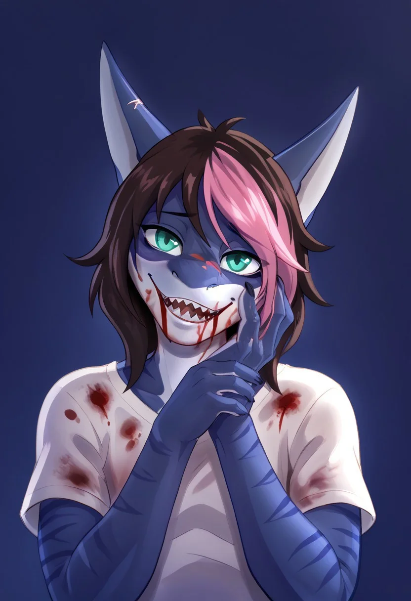 <lora:Scappo_Style_v2_PonyXL:0.8> by scappo, scappo,  score_9, score_8_up, score_7_up, solo, moonlitepxl, femboy,solo, anthro shark,medium hair, multicolored hair, dark hair, pink hair,bow, stripes on body, turquoise eyes, BREAK, pink t-shirt, <lora:yandere_trance_v1_pruned:1>, yandere trance, closed mouth, open mouth, head tilt, close-up, <lora:Projekt_Melody_for_PonyXL:1>, blood on face, blood on hands, excessive blood, bark blue background, high resolution, Masterpiece, detailed,Shark teeth,