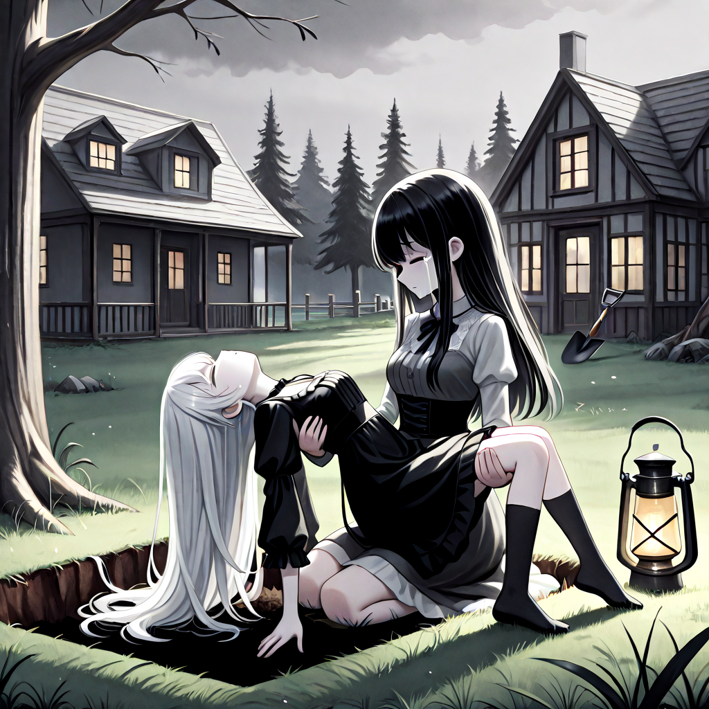 absurdres, explicit, grave digging, hand on ground, princess carry, 2girls, sleeping, carrying, crying, tears, sad, breasts, closed eyes, closed mouth, pale skin, long hair, black hair, white hair, gothic dress, bangs, tree, grass, death, corpse, victorian, house, building, oil lamp, lantern, shovel, fog, smog, grey sky, profile, from side, kneeling, seiza, (((leaning back))), <lora:girlhategravedigging_ilxl:0.8>