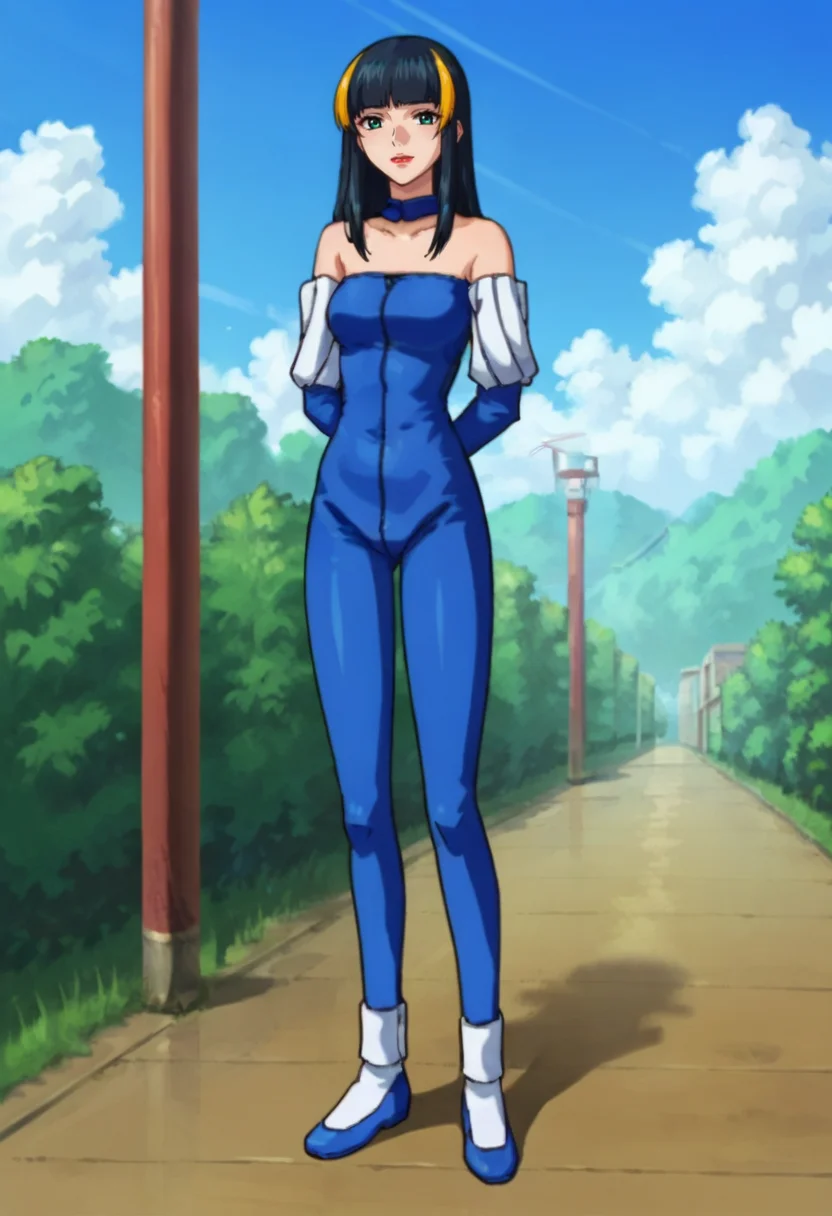 score_9,score_8_up,score_7_up,score_6_up,score_5_up,score_4_up,anime coloring,source_anime,<lora:Aisha_Gundam_SEED_Pony:0.8>,aisha,1girl,solo,green eyes,black hair,streaked hair,long hair,lipstick,blue bodysuit,bare shoulders,detached sleeves,blue shoes,standing,arms behind back,outdoors,sky,