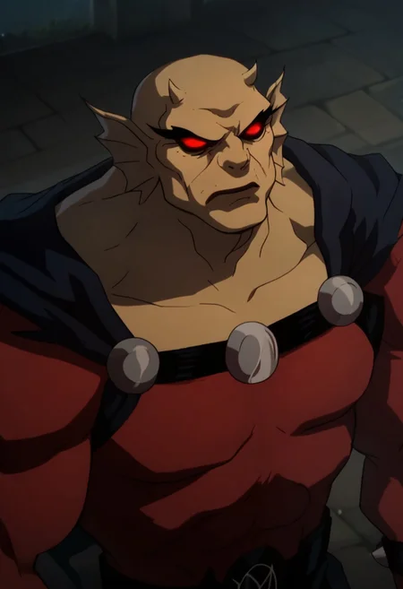 score_9, score_8_up, score_7_up, Etrigan, demon, small horns, fish ears, claws, close shot, from above, serious face, red eyes, red shirt, classic outfit