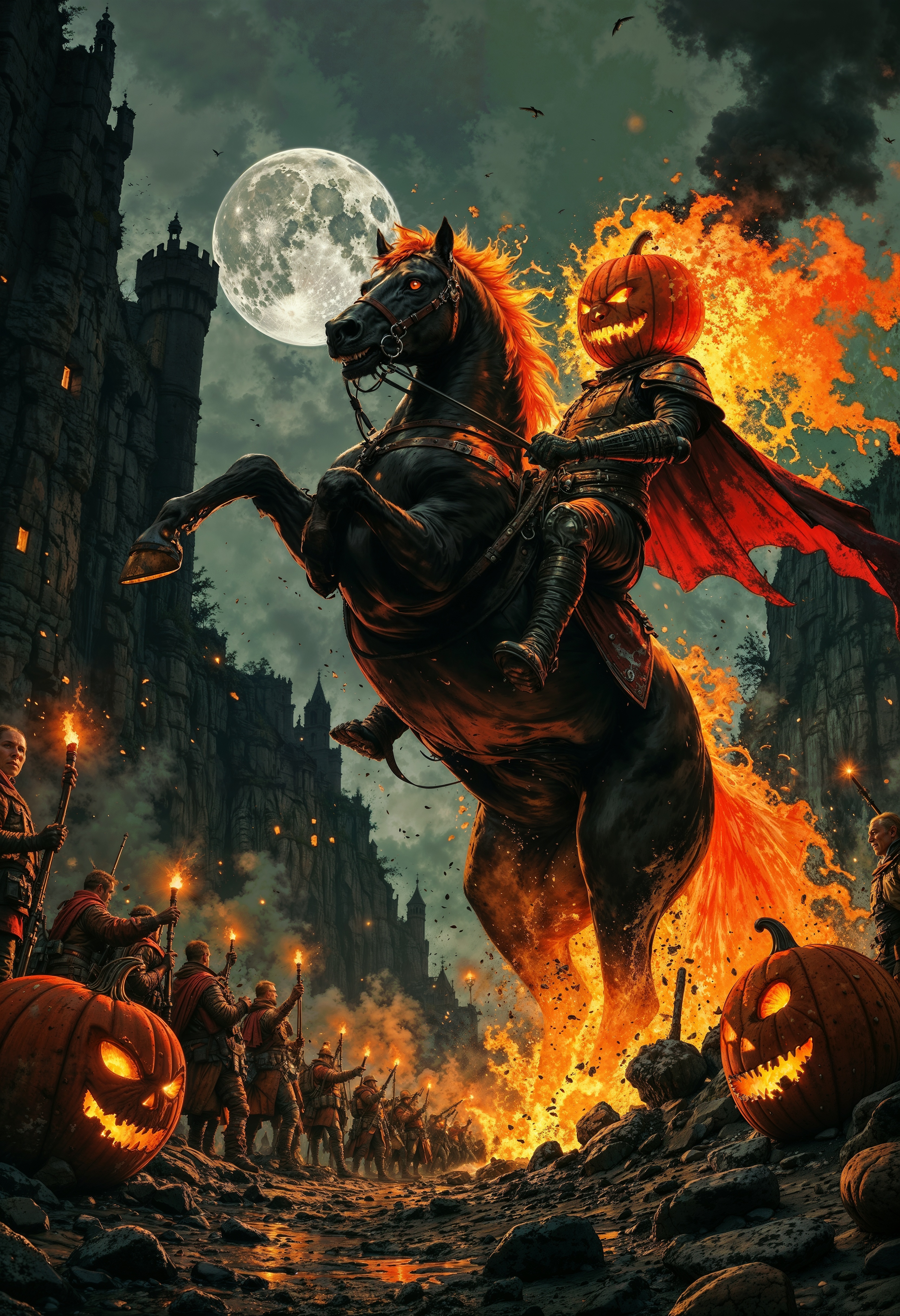 This image depicts a dramatic, dark, and fiery battle scene featuring a fearsome horseman with a jack-o'-lantern head, likely inspired by the Headless Horseman legend. The horseman rides a massive, rearing black horse, which is engulfed in flames, particularly around its head and mane, giving the scene a supernatural and terrifying aura. The rider, clad in armor and a flowing cape, wields a weapon, attacking a figure who appears to be thrown back from the force. Both the horseman and his steed radiate a fiery glow, enhancing their menacing appearance.
In the background, a gloomy castle looms on steep cliffs, bathed in the eerie light of a full moon, which casts a pale glow over the chaotic battlefield below. A line of soldiers, torches in hand, advances towards the fiery rider, but their expressions suggest fear and hesitation as they face this powerful figure.
Around the foreground, glowing, carved pumpkins with sinister faces add a Halloween-like atmosphere to the scene. The flames and embers from the horse and rider’s movements light up the night, creating a stark contrast between the dark surroundings and the intense heat and light radiating from the central figures.
Overall, the image conveys a sense of chaos, fear, and supernatural power, with the flaming horseman as a dominant and unstoppable force amidst a chaotic battlefield.