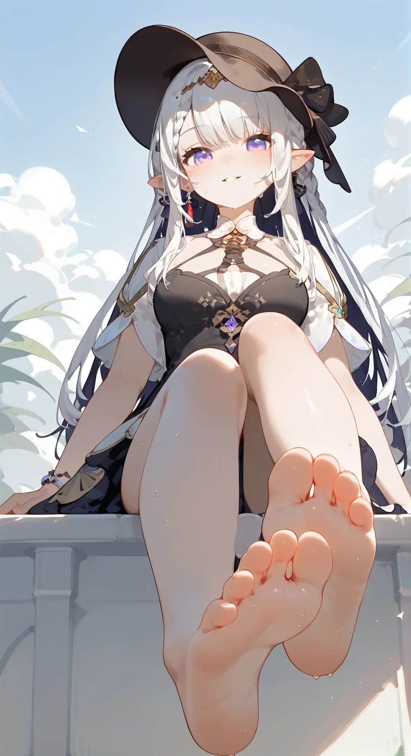 score_9, score_8_up, score_7_up,
<lora:rhea_pony:1>, 1girl, rhea_default, dress, hat, braid,
feet, soles, barefoot, breasts, solo, toes, foot focus, looking at viewer, sitting, sweat, parted lips, outdoors, sky, bangs, day, smile, blush, foreshortening, sun
