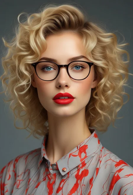bellissima 1girl, solo, looking at viewer, blue eyes, blonde hair, simple background, shirt, upper body, parted lips, glasses, collared shirt, grey background, lips, eyelashes, makeup, wavy hair, portrait, curly hair, realistic, red lips, print shirt