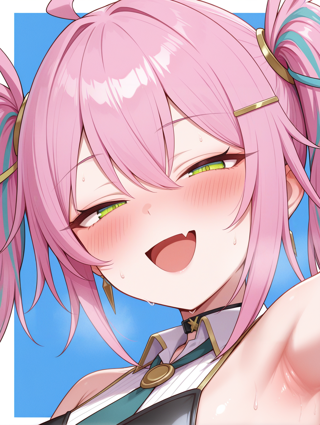 artmegia litera,1girl,solo,open mouth,fang,skin fang,smile,blush,looking at viewer,:d,upper body,simple background,blue background,portrait,black vest,black choker,green necktie,white sleeveless shirt,multicolored hair ribbon,white border,half-closed eye,naughty face,armpits,armpit crease,sweat, arm_up
masterpiece,best quality,amazing quality,very aesthetic,absurdres,newest,<lora:Artmegia Litera illusXL v1:0.7>,