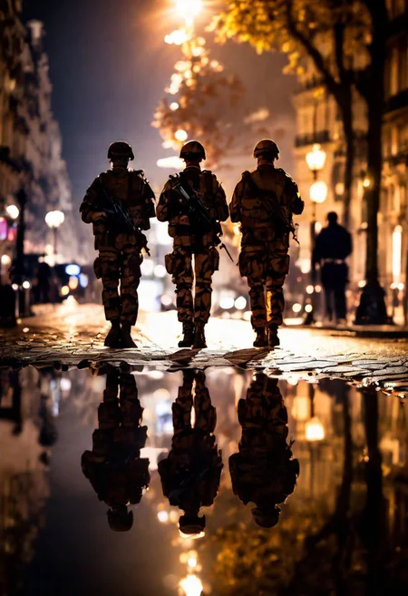 French soldiers, patrolling, bokeh, elegance, in Paris streets, Unsettling reflection in dark still water,  high resolution photo, Chiseled features set in determination