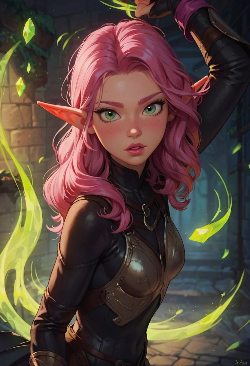 safe_pos, score_9, score_8_up, score_7_up, pov from the side, dynamic pose, beautiful, pink hair, female elf, glowing green eyes, long hair, small breasts, pink lipstick, dark black leather armor, holding enchanted shortsword, dungeon background,
BREAK
(((fully clothed)))