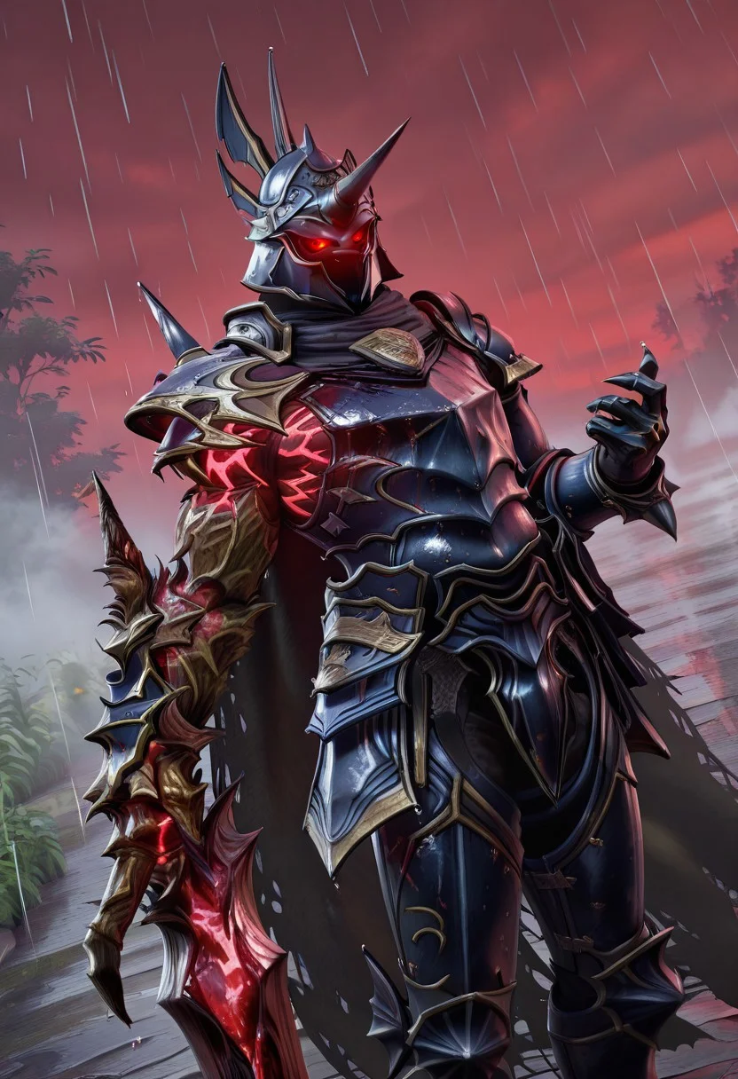 Masterpiece, realistic, hires, detailed face and eyes, ultra quality, Beautiful background, garden, sharp quality, 1boy, NightmareSC, solo, clawed arm, mutated arm, malfested arm, {{very glowing eyes}}, holding, holding greatsword, armor, cape, helmet, rain, blood on armor, gesture hand, gesture no, glowing, Dutch angle, bust body, corpses around, red sky, fog, dynamic pose,