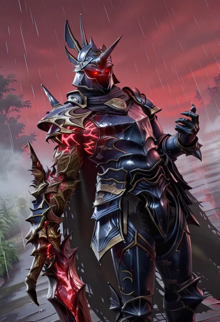 Masterpiece, realistic, hires, detailed face and eyes, ultra quality, Beautiful background, garden, sharp quality, 1boy, NightmareSC, solo, clawed arm, mutated arm, malfested arm, {{very glowing eyes}}, holding, holding greatsword, armor, cape, helmet, rain, blood on armor, gesture hand, gesture no, glowing, Dutch angle, bust body, corpses around, red sky, fog, dynamic pose,