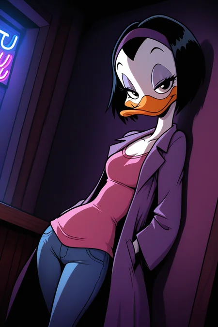 masterpiece, best quality, amazing quality, absurdres, solo, kay-k, smile, duck girl, dutch angle, standing, looking at viewer, half-closed eyes, leaning back, against wall, short black hair, purple hairband, white skin, purple coat, pink shirt, blue jeans, indoors, dark lighting, bar, night club