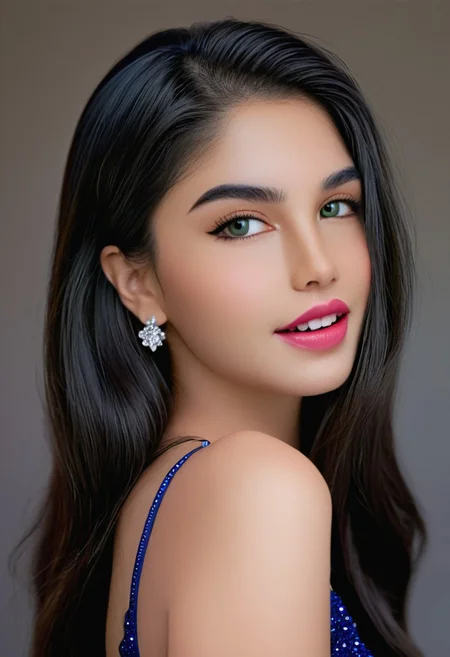 photorealistic, epic realism, (masterpiece), (Realistic photo), (High quality), (RAW photo 8k), (upper body), (Photography by Steve McCurry), incredibly absurdres, young, supermodel, 1girl, solo, ((upper body:1.4)), ((portrait, looking at the viewer)), (outline defined full lips:1.4), (green/hazel eyes), perfect symmetrical eyes, long eyelashes, wearing an indigo haute couture dress, neckline, diamond choker, diamond stud earrings, sparkle, (highly detailed, intricate), ((black hair:1.4), modern hairstyle, hair intakes, (healthy hair, silky hair, voluminous hair)), ((natural, eyeliner, pink lipstick, seductive smiling expression, closed mouth, closed lips, highly detailed face)), (exceptional Detail Clarity, dynamic angle, DSLR, hyper-detailed), (fine details, sharp focus, depth of field).