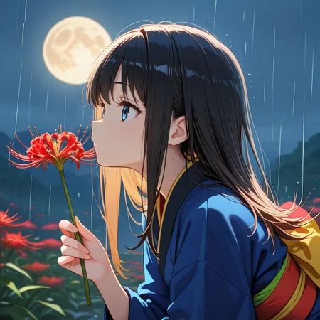 <lora:IL_lycoris_spider_lily:1>,lycoris/(flower/),1girl,solo,upper body,japanese clothes,holding flower,full moon,no mouth,disheveled hair,leaning forward,from side,profile,looking at viewer,rain,, masterpiece,amazing quality,best quality,ultra-detailed,8K,illustration,CG,shiny hair,clear skin,ultra-detailed-eyes,ultra-detailed-background,