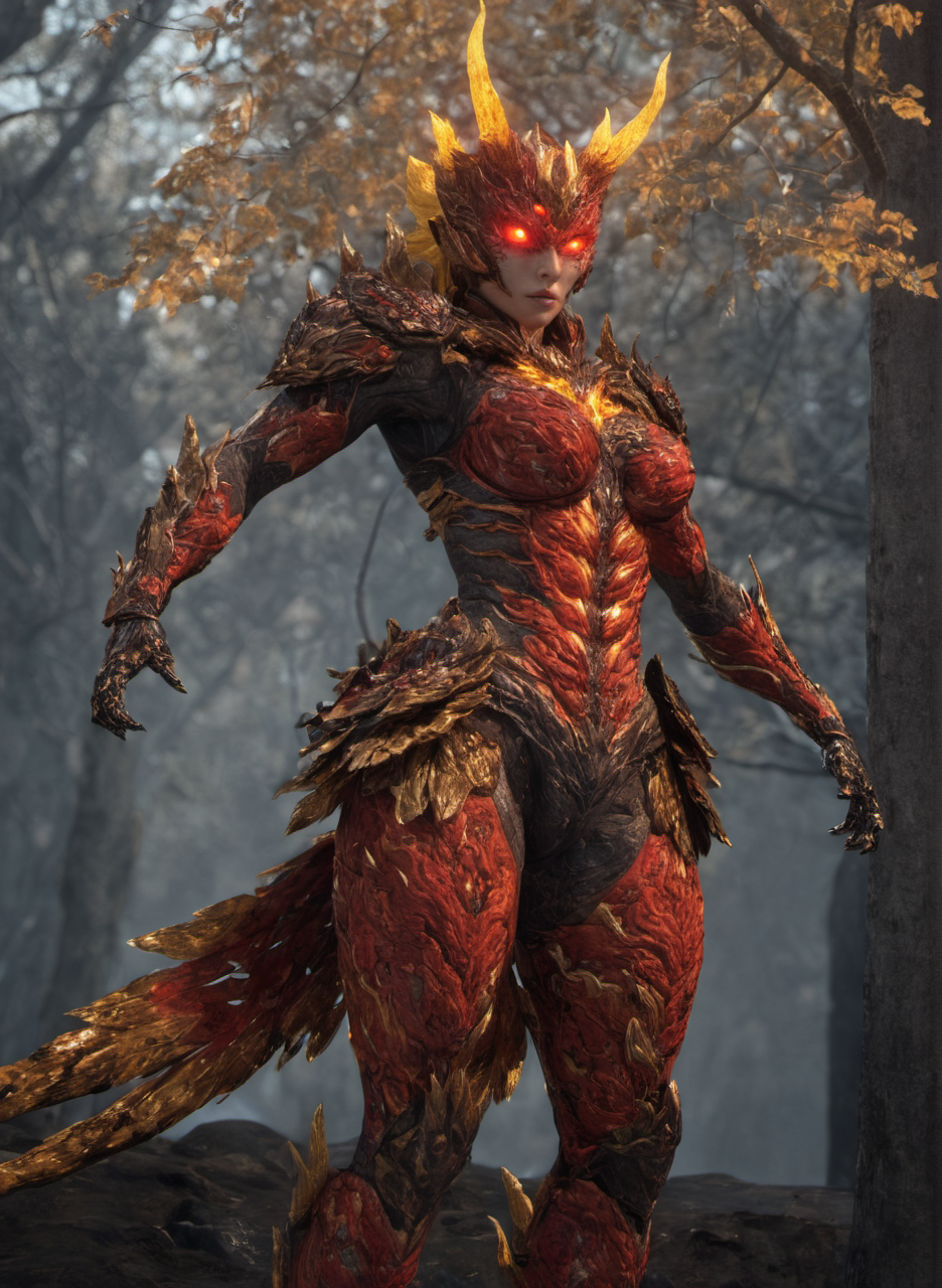 <lora:niohxlyaki2-step00000420:0.8>, full body,niohxlyaki,armour,1girl,epic, awardwinning,red yokai form,Hyperdetailed Photography,yoki,raw photo,128k UHd, yellow glowing,trending on artstation, cinematic , forest in the background