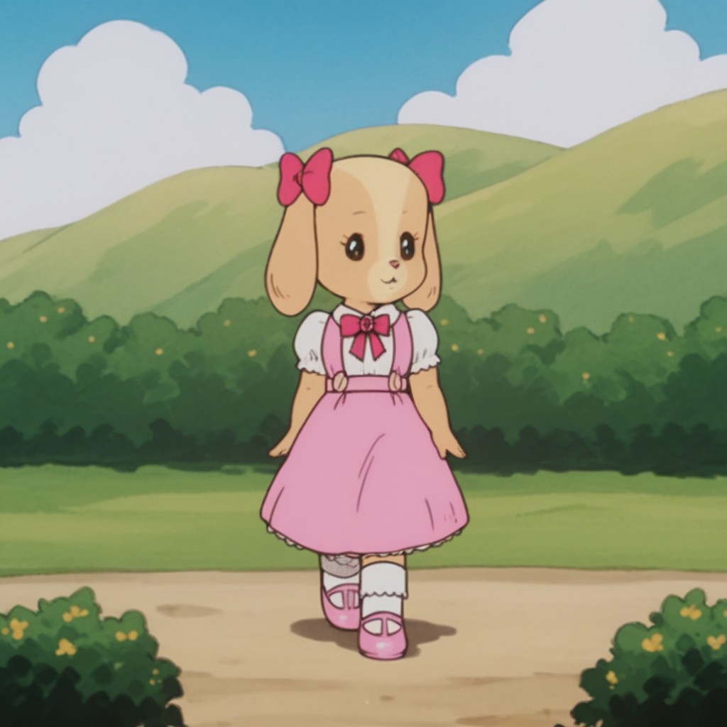 score_9, score_8_up, score_7_up, score_6_up, score_5_up, score_4_up, source_furry, RolleyCocker, anthro, female, dog, tan fur, long ears, pink ear bows, pink dress, pink bowtie, white shirt, collared shirt, short sleeves, puffy sleeves, pink shoes, white socks, standing, outside, in a field,