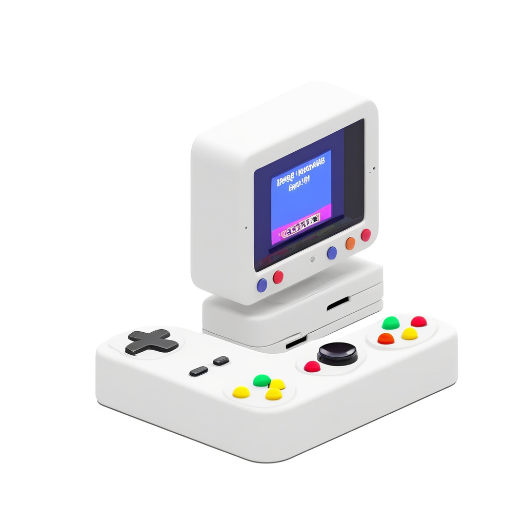 isztoksk, no humans, white background, simple background, english text, game console, television, screen, 3d, miniature, isometric, game design, octane render, masterpiece, best quality