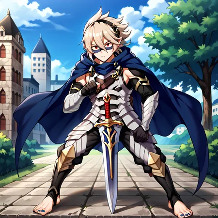 masterpiece, best quality, sharp aliasing, highly detailed, Quality, High Definition, <lora:EPfeCorrinPony:1>EPfeCorrin, blue cape, armour, black gloves, black pants, wearing pants, outdoors, day, stone ground, tree, bush, buildings, barefoot, toeless legwear, armoured legwear, stirrup legwear, 5 toes <lora:Amajiki_Tamaki__Pony:1>Tamaki Amajiki, pointy ears, red eyes, dark blue hair, hair between eyes, hood, mask, male, male body, sword, sword stance <lora:feet_anime_pony_v2:1>feet, dark blue toenails