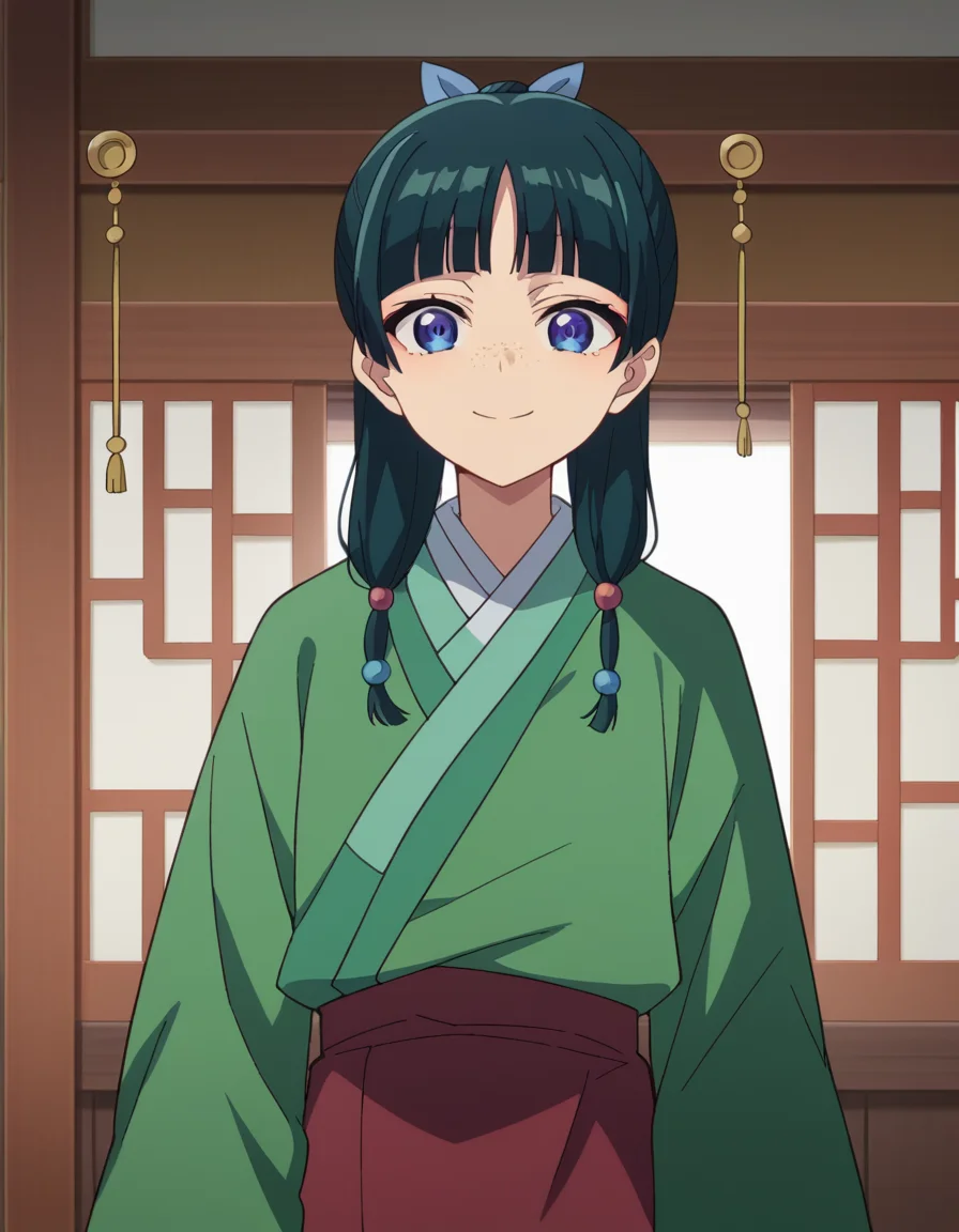score_9, score_8_up, score_7_up, source_anime,
maomao, <lora:kusuriya-maomao-s1-ponyxl-lora-nochekaiser:1>,
maomao, long hair, bangs, blue eyes, hair ornament, green hair, blunt bangs, freckles, hair bun, single hair bun,
japanese clothes, robe, green robe, long sleeves, wide sleeves, skirt, red skirt,
indoors, smile,
looking at viewer, cowboy shot, dutch angle,