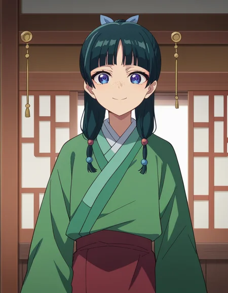 score_9, score_8_up, score_7_up, source_anime,
maomao, <lora:kusuriya-maomao-s1-ponyxl-lora-nochekaiser:1>,
maomao, long hair, bangs, blue eyes, hair ornament, green hair, blunt bangs, freckles, hair bun, single hair bun,
japanese clothes, robe, green robe, long sleeves, wide sleeves, skirt, red skirt,
indoors, smile,
looking at viewer, cowboy shot, dutch angle,