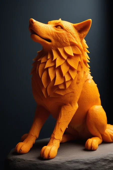 high quality,masterpiece,ultra-high resolution,incredible composition,extremely detailed, <lora:Orange_Peel:0.7>, A lone wolf carved from orange peel, its fur textured with citrus skinâs rugged surface. Its howl echoes strength, peel catching light. Ultra-high resolution macro, emphasizing raw texture. Background: rustic stone slab, moody lighting, orange rinds, and thyme sprigs for a primal food photography vibe.