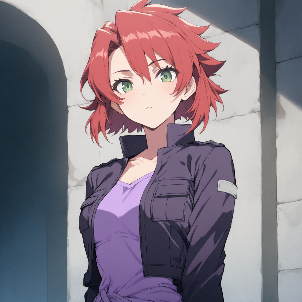 solo,looking at viewer,upper_body,masterpiece,high score,great score,absurdres,jacket,purple shirt,<lora:Chiaia_Flan ag4o v1:1> chiaiaflan, short hair, red hair, green eyes,