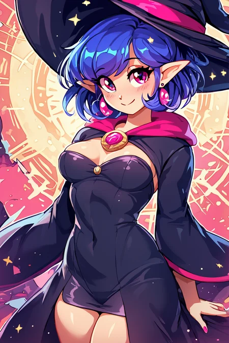 score_9, score_8_up, score_8, medium breasts, (curvy), cute, eyelashes, BREAK, , zzIrene, pointy ears, short hair, blue hair, witch hat, witch, earrings, long robe, <lora:IreneZelda_PDXL:0.8>, , BREAK, smile, closed mouth, looking at viewer, cowboy shot, ,,, embedding:zPDXL, Expressiveh, ,,, <lora:Konpeto_PDXL_v3:1.0>, <lora:SDXLFaeTastic2400:0.5>, <lora:Expressive_H-000001:0.4>,