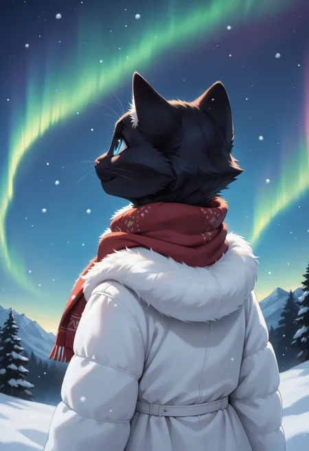 score_9, score_8_up, score_7_up, source_furry, high quality, perfection, detailed, aesthetic, well-lighted,
winter, night, white background, snow, snowfall, aurora borealis, starry night,
1girl, solo, from behind, back view,
furry female, anthro, furred body, fluffy fur, beautiful girl, cute girl, young, youthful, beautiful face, beautiful eyes, perfect eyes, detailed eyes,
(cat girl), (black fur:1.2), one-tone fur, blue eyes, (no hair, hairless, bald), big eyes,
winter clothes, oversized fur coat, white coat, huge scarf, red scarf,
facing looking up, awe, smile,
<lora:princess_xl_v2:0.6>, <lora:p_ami_v10_adafactor:0.4>, <lora:incase-ilff-v3-4:0.5>, <lora:CleanDetailed_Eyes:0.25>,âââ