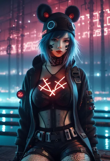 4D render, 1girl,detailed beauty face, portrait, fishnets, cyberpunkartstyle, fingerless gloves, breasts, faithful, blood , coat, sky, science fiction, glowing x, hair ornament, pants, thighhighs, night, sitting, hat, single hair bun, face gas mask