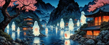 A nocturnal scene in nihonga style depicting 'Obon Festival of Ghosts', rendered on handmade washi paper with mineral pigments and gold leaf accents. Ethereal spirits of ancestors drift through a mountain village, their translucent forms illuminated by paper lanterns floating on a midnight-blue river. Cherry tree branches frame the composition asymmetrically, their dark silhouettes contrasting with the luminous apparitions. Traditional architectural elementsâcurved temple roofs and wooden torii gatesâanchor the spiritual gathering. The palette employs traditional Japanese pigments: indigo depths, vermilion accents, and silver highlights that capture moonlight. Incorporates yugen (profound mystery) through areas of emptiness and suggestion, with misty negative space enhancing the boundary between worlds. Fine brushwork details spirit faces with nostalgic expressions, while bold calligraphic strokes define lantern kanji characters. <lora:boFLUX Double Exposure Magic v2:0.7> <lora:Hyperdetailed_Colored_Pencil:0.7> <lora:Anime realistic V2:0.3> <lora:Vintage comic book:0.5> <lora:flux_dev:1>