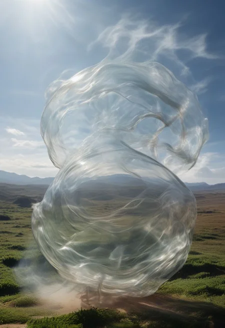 a landscape scene with grass covered low hills in the background, in the center of the image is a large a glass sphere levitating high in the sky above green grass, the glass sphere is glistening in the sunlight angainst a blue sky, inside the glass sphere an air elemental which looks like smoke, the sunlight is refracting through the glass sphere and giving a rainbow highlight in the direction of the viewer, the glass sphere is levitating in mid air and is surrounded by a veil of smoke, blue sky in background, looking up at the glass sphere with the ground far below