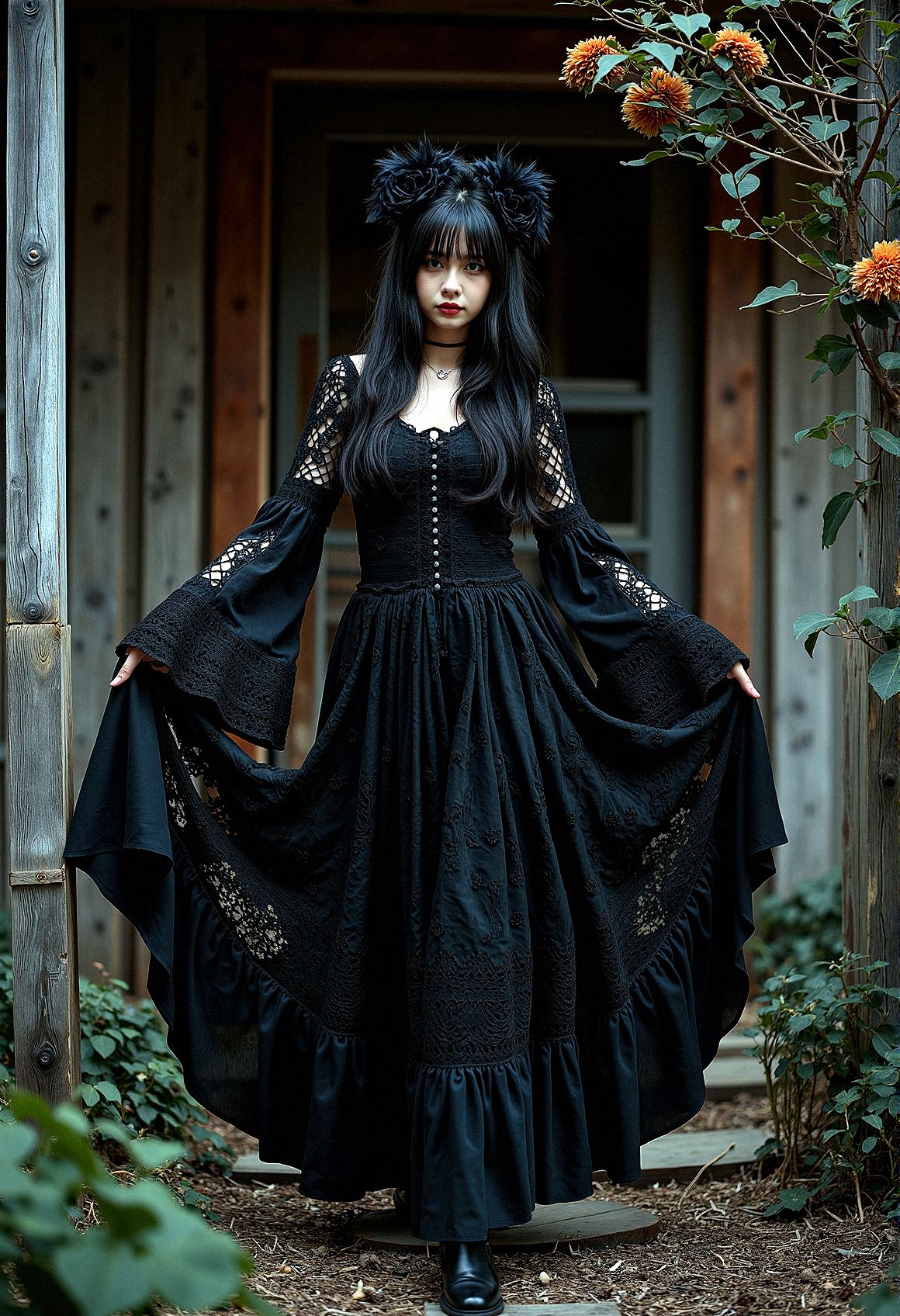 A Gothic woman with dark tones and intricate details, dressed in a bohemian crochet dress with voluminous bell sleeves. The rustic wooden house setting is illuminated by dramatic, high-contrast lighting, creating a moody, mysterious atmosphere. Black flowers and wilted blooms add to the textured, haunting beauty of the scene.

She walks with both hands holding up the sides of her dress, creating a beautiful arc of fabric as she moves.






