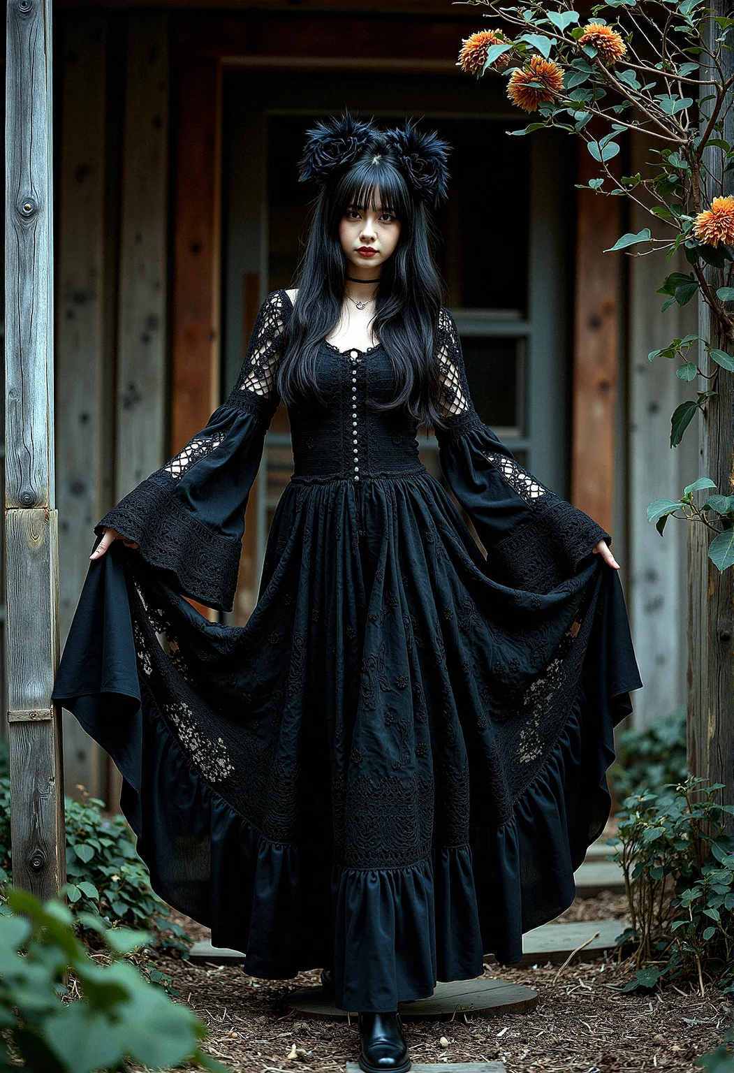 A Gothic woman with dark tones and intricate details, dressed in a bohemian crochet dress with voluminous bell sleeves. The rustic wooden house setting is illuminated by dramatic, high-contrast lighting, creating a moody, mysterious atmosphere. Black flowers and wilted blooms add to the textured, haunting beauty of the scene.
She walks with both hands holding up the sides of her dress, creating a beautiful arc of fabric as she moves.